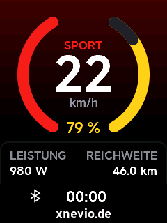 Dashboard: Sport-Modus, 22 km/h, Akku 79 %